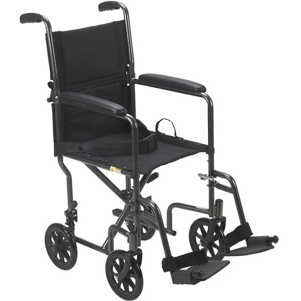 Drive Medical TR39E-SV Lightweight Steel Transport Wheelchair with 19" Seat, Fixed Full Arms, Silver Vein Frame and Black Upholstery, 250 lbs Weight Capacity, 8" Casters in Front and Rear