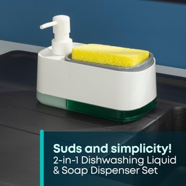 Fineway 2-in-1 Dishwashing Liquid and Soap Dispenser with Sponge Holder -Dual-Compartment Design, Non-Slip Feet, Transparent Base for Liquid Levels, Durable ABS Plastic & 304 Stainless Steel (white)