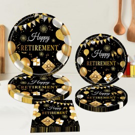 QYCX 52 Pcs Retirement Tableware Retirement Plates Napkins Retirement Party Decorations Retirement Party Supplies Black Gold Retirement Dinnerware for Retirement Farewell Party Supplies for Women Men