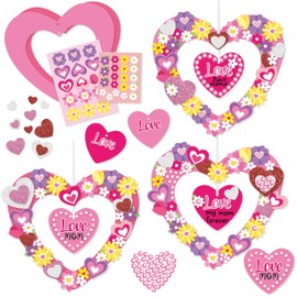 BeYumi Heart Wreath Craft Kit - 24Pcs Valentine's Day Make Your Own Hanging Wreath Ornament for Kids Glitter Foam Heart and Flower Stickers DIY Thankful Love Gift Home School Classroom Fun Activities