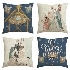 AVOIN colorlife Christmas O Holy Night Jesus Snowflake Throw Pillow Covers, 18 x 18 Inch Xmas Winter Holiday Cushion Case Decoration for Sofa Couch Set of 4