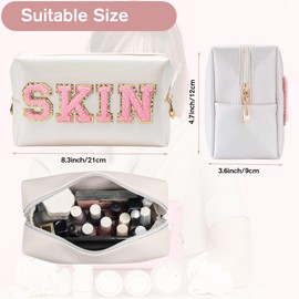 Preppy Patch Makeup Bag,Travel Cosmetic Bags PU Leather Portable Waterproof Toiletry Storage Case with Chenille Letter Zipper Daily Use Pouch for Women,Beige Skin
