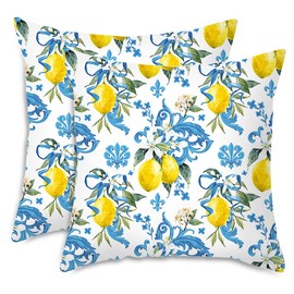 Pack of 2 Lemon Leaves Flowers Summer Cushion Cover, Decoration Outdoor Cushion Covers, 45 x 45 cm Cushion Cover, Outdoor Cushion Summer, Lemon Square Fruits Cushion Covers, for Office, Bedroom