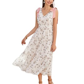 Long Flowy Summer Dresses for Women 2024 Vacation Sleeveless V Neck Midi Flower Dress Beach Wedding Guest Dresses Pink L