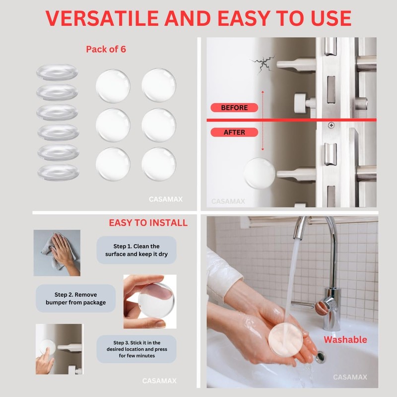 Silicone Wall Protectors & Door Stoppers: 6-Pack Clear, Self-Adhesive Bumpers