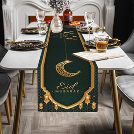QYCX Eid Mubarak Table Runner, Happy Eid Mubarak Ramadan Mubarak Table Runner Star Moon Lamp Kitchen Dining Table Runner Table Cover Rectangle Tablecloth for Eid Mubarak Dinner Events Decor Eid Mubarak Table Centerpieces Decorations for Indoor Outdoor Fa