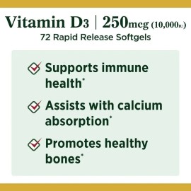 Vitamina D3 10,000IU Natures Bounty, 72 Cpsulas Blandas  Suplemento Alta Potencia con Colecalciferol, Sin Gluten ni Conservadores, Apoyo Nutricional  