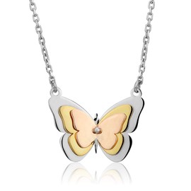 Vanbelle Sterling Silver Three Tone Jewelry Butterfly Pendant Necklace with Rhodium and Gold & Rose Gold Plated for Women