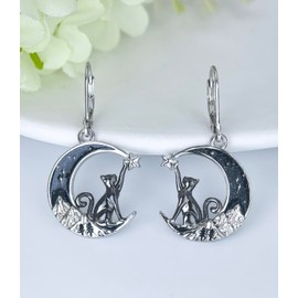 Black Cat/Bat/Spider/Pumpkin/Wolf/Red Cardinal Silver 925 Women's Hanging Leverback Earrings Moon Animal Jewellery Gifts for Women, Sterling Silver, Cubic Zirconia