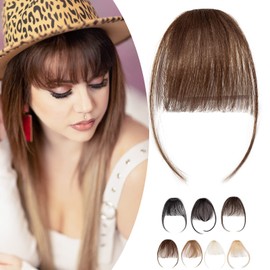 SEGO Clip in Fringe Human Hair Light Bangs [#4 Medium Brown] One Piece Real Remy Clip on Real Remy Hairpieces Extension Straight Invisible (3g)