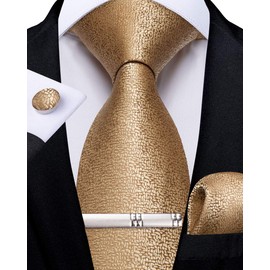 DiBanGu Plain Tie for Men Formal Silk Tie and Pocket Square Cufflinks Tie Clip Set for Wedding Party, gold