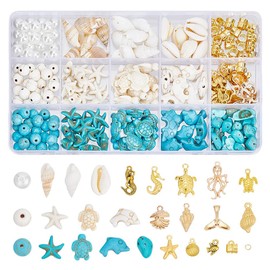 HOBBIESAY About 252Pcs Starfish Turtle Shell Beads Ocean Jewelry Making Kit Golden Ocean Animal Bead Charms Blue White for DIY Summer Beach Necklace Earring Bracelet Jewelry Making