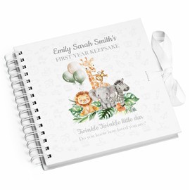 Baby Memory Book and Journal, First Year Milestone Album with Jungle Safari Scene Design, 80 Pages, Unisex