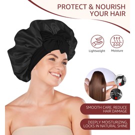 HiRui Silk Satin Bonnet for Sleeping Women, Double-Layer Sleep Cap Shower Cap with Adjustable Tie, Moisture Retaining Satin Lined Hair Bonnet for Curly and Natural Hair (Black, Medium)