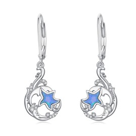 Starfish Earrings for Women 925 Sterling Silver Waves Hanging Earrings Blue Opal Starfish Beach Jewellery Gift, Sterling Silver, Blue Opal