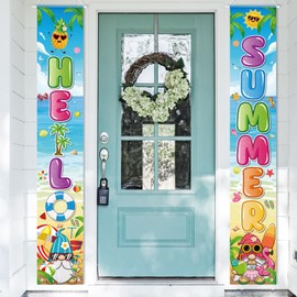 Hooqict Hello Summer Banner Porch Sign Summer Party Door Decorations Hanging Party Banner for Hawaiian Luau Tropical Beach Party Supplies - 71" x 12"