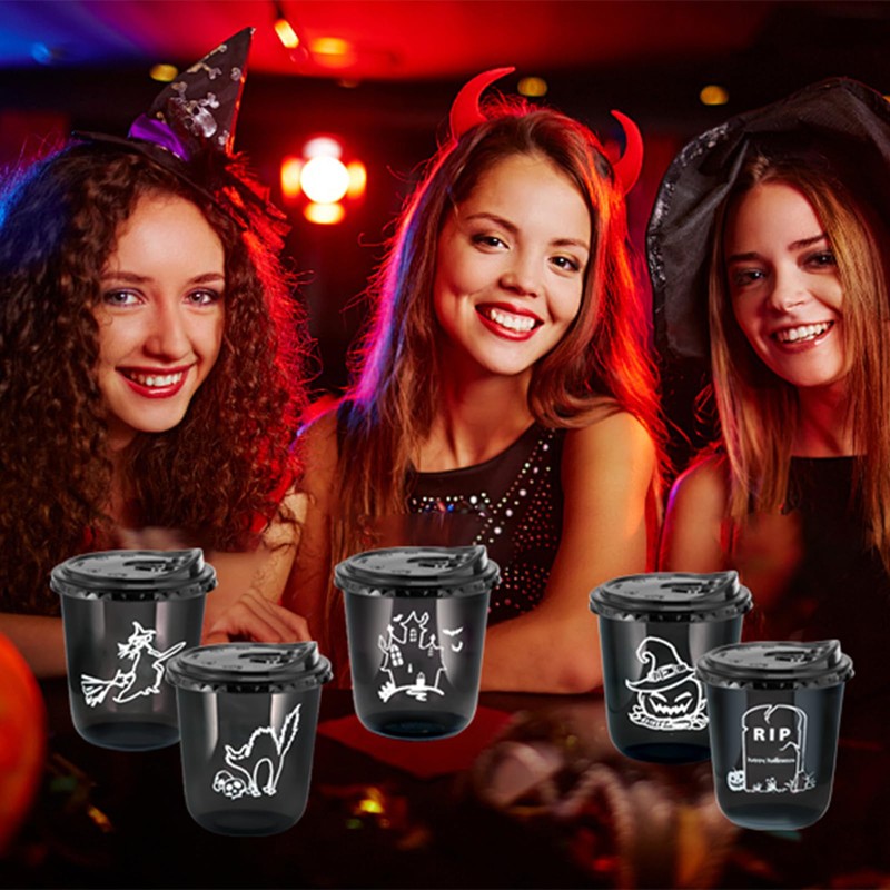 Xuelimei 12oz Halloween Disposable Plastic Cups With Strawless Sip Lids-Happy