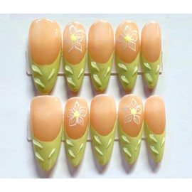 M·Q NAIL,Press on nails,Green french almond long nails,Hand drawn,Includes 48 jelly glue and 2 cuticle sticks and 2 rubbing strips (Green french almond, M)