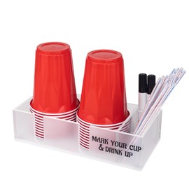 Acrylic Cup Holder with Marker Slot, Double Cup Organizer,with 2 Black Marker Pens,Straw Holder,Mark Your Cup and Drink Up,Party Cup Dispenser Home Farmhouse Bar Party Decor.