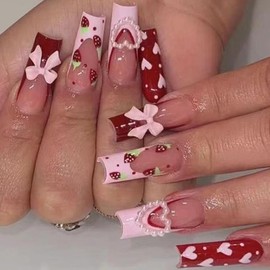 YEFIUO Press on Nails Long Square 3D Bow Heart Pearls Glitter Nail Charms Nail Tips Acrylic Nail Kit Strawberry Fake Nails Press ons Red French Nail Art Glue on Nails Full Cover False Nails for Women