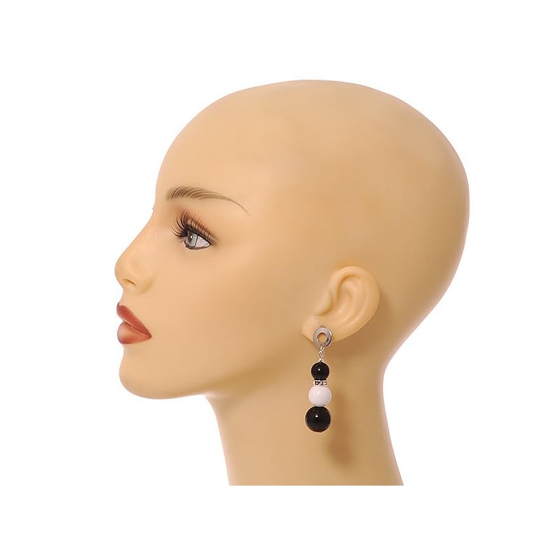 Black/White Acrylic Bead Drop Earrings in Silver Tone - 55mm
