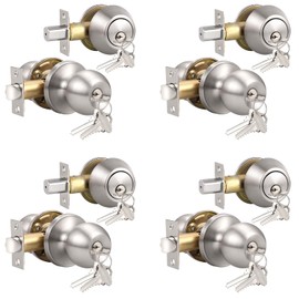 Knobonly Keyed Alike Exterior Door Knob, Round Outdoor Lock with One Sided Deadbolt, Stainless Steel, Satin Nickel Door Knobs, Silver Door Handle Sets, 4 Pack