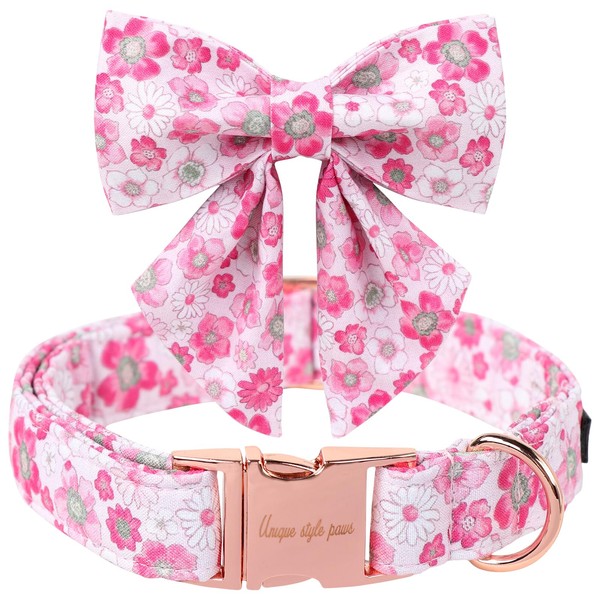 Unique Style Paws Cotton Summer Dog Collar with Bowtie,Flower Pink
