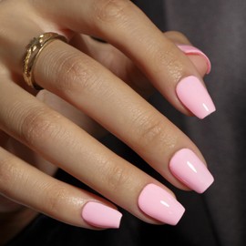 KQueenest Baby Pink Press On Nails Short - Summer Press On Nails Coffin, Sheer Light Pink Medium Fake Nails with Glue, Glossy Opaque, Ballerina Reusable Soft Gel Glue on Nails for Women, 30 Pcs