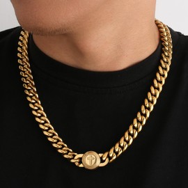 KRKC & CO Men's Design Clasp Necklace, 0.5 inch (12 mm) Wide Curb Chain, 18k Gold Plated, Surgical Stainless Steel, Hypoallergenic, Thick, HIPHOP Wrapper, Accessory, Gift, Celebration, Stainless Steel