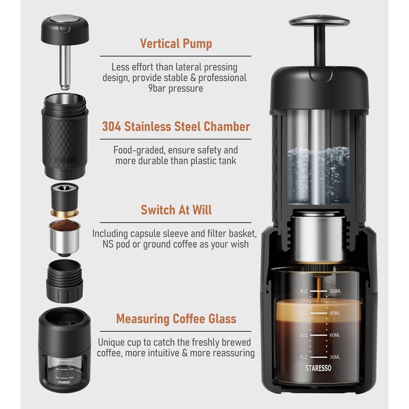 STARESSO Classic Portable Espresso Maker, 2 IN 1 Travel Coffee