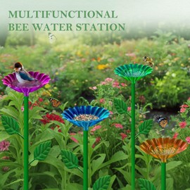 Bee Watering Station, 4 Pack Bee Baths for Garden Metal Bee Feeder with Colorful Flower Design, Butterfly Water Feeder Bowl for Outdoor Garden Yard Decor