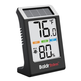 BaldrTherm Room Thermometer Indoor Humidity Meter, Solar-Powered 3.2'' Digital Temperature Sensor Monitor with 5-Comfort Indicator for Baby, Home, Office, Black, 1Pack