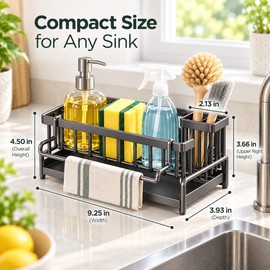 Kitchen Sink Organizer for Sponges & Brushes – Tilted Water Tray and Stainless Steel Rack for Sink Countertops