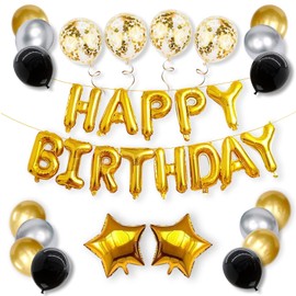 iPartycool 36pcs Birthday Party Decorations, Birthday Banner, 3D Foil Happy Birthday Balloons Big Star Confetti Metallic Balloons for Kids Boys Men Women Adults Ecofriendly Party Supplies (Black Gold)