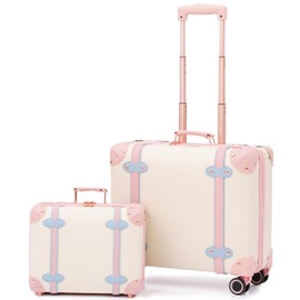 Miss.Box Vintage Luggage Sets For Women with Spinner Wheels Cute Retro Suitcase for Airplanes (White, 14inch&18inch)
