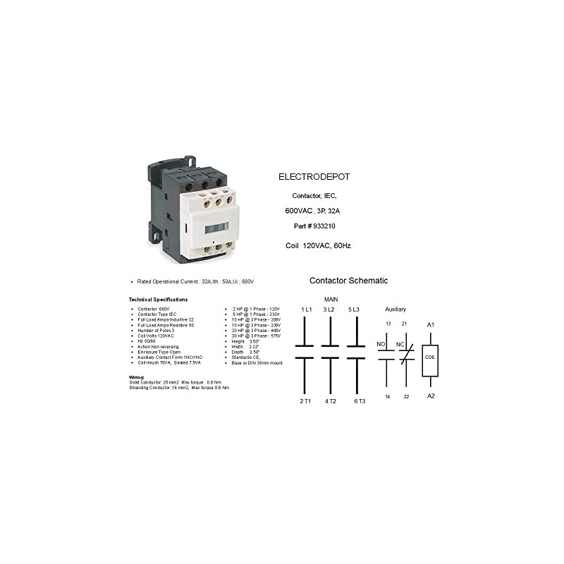 Electrodepot 30 Amp 6 Pole Contactor N/O 3x2 w Auxiliary