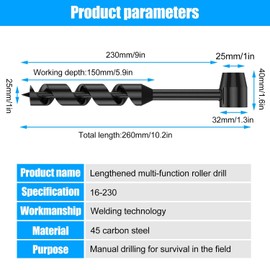Hand Drill, Hand Drill for Woodworking, Multi-Purpose Auger Drill, Manual Wrench, Twist Drill, Survival Tools for Outdoor Camping Plug Drill (25 x 230)