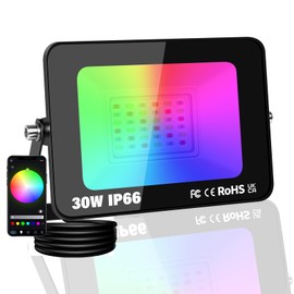 PICAA 30W Smart RGB LED Floodlight, 3000LM Outdoor +16 Million Colors, Wireless APP Control, Music Sync, Timer, Scene Modes, IP66 Waterproof, Disco Party Garden Lighting with UK Plug(1 Pack)