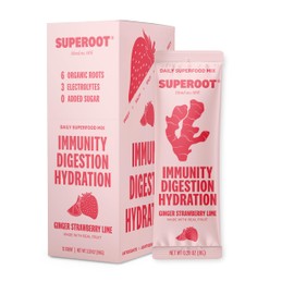 SUPEROOT Natural Ginger Shot + Superfood Drink Mix – Immunity, Hydration & Wellness + Vitamin C Blend – Powder Juice Mix for Detox (Contains Stevia) – 12 Count (12 count, Ginger Strawberry Lime)