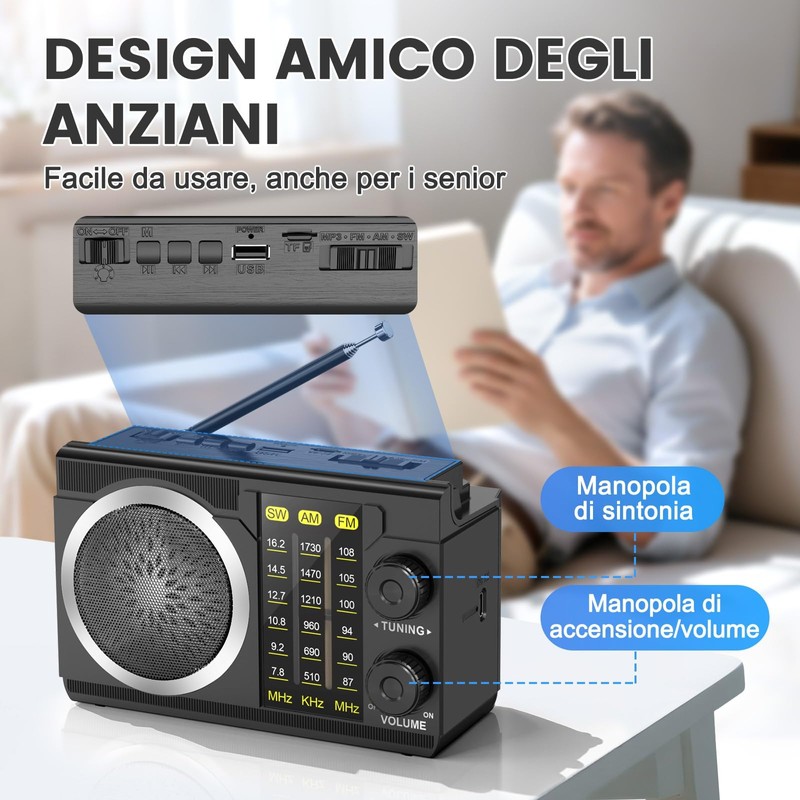 PRUNUS J-135S Radio Portatile AM/FM/SW, Mini Radio Solare Bluetooth 6.0