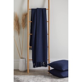 Drift Home - Navy Throw with Tassel (180 x 130cm) - Sustainable Recycled Cotton - Woven Blanket in Navy - Basket Weaved - Textured Sofa Throw Blanket Navy - Navy Blanket/Bed Throw Large