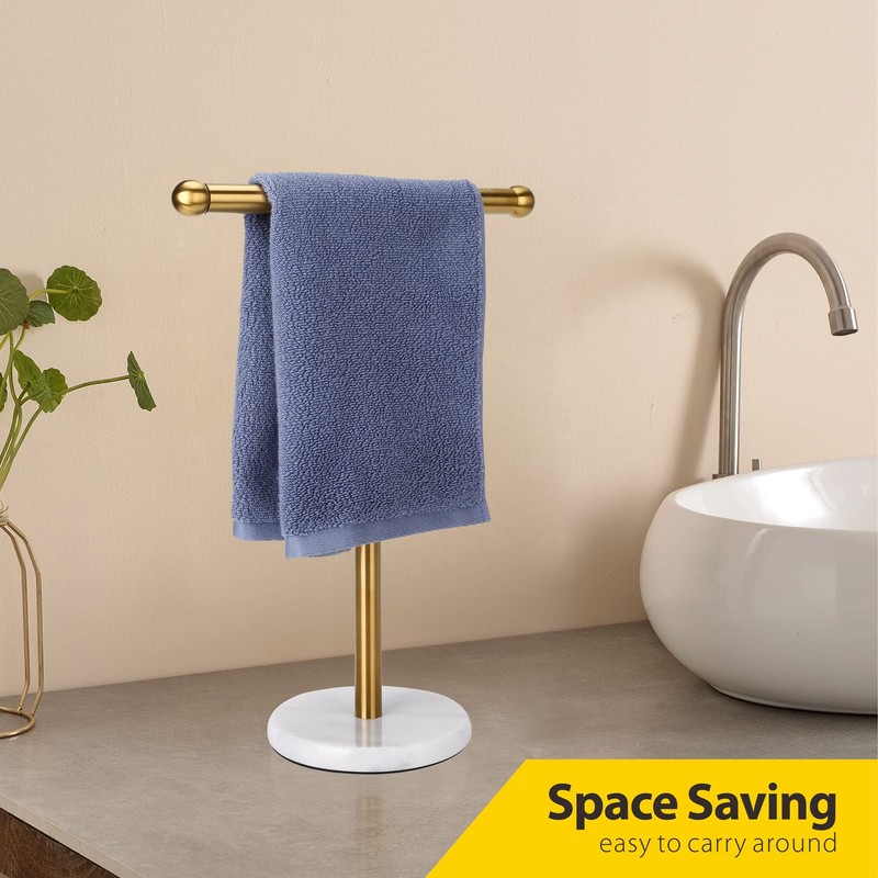 Gold Hand Towel Holder Stand with Heavy Marble Base, T-Shape