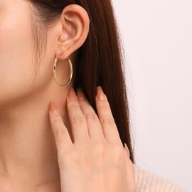 Meissa 3mm Sterling Silber Große Creolen für Damen Gold Filled Gehämmertes Design Dünne Leichte Ohrringe 34mm 50mm (Gold)