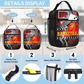 Euvazeni Kids Lunch Box For School Insulated Basketball Lunchbox Reusable Portable Sports Ball Basketball Lunch Bag With Adjustable Shoulder Strap For Boys Girls School Picnic Hiking Work Lunchboxes