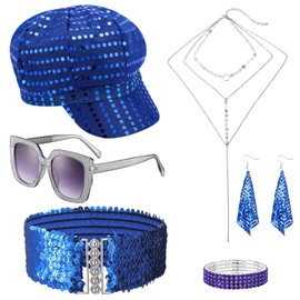 ViEinkaufen 7 Pcs 70s Disco Accessories Set,1970s Abba Fancy Dress Costume Set with Sequin Hat Necklace Bracelet Earrings Sunglasses Belt for Disco Theme Party Hippie Costume
