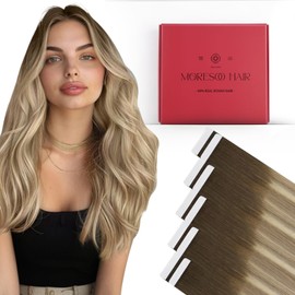Moresoo Tape in Hair Extensions Human Hair #3/8/22 Brown to Chestnut Brown with Medium Blonde Seamless Hair Extensions Fashion 10 Pcs 25 Gram 20 Inch
