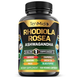Tenmido Rhodiola Rosea Supplement - 8in1 Formula - Combine with Ashwagandha, Turmeric, Berberine, Maca, Chamomile, Green Tea, and Black Pepper - Nutrient Rich - 150 Vegan Capsules