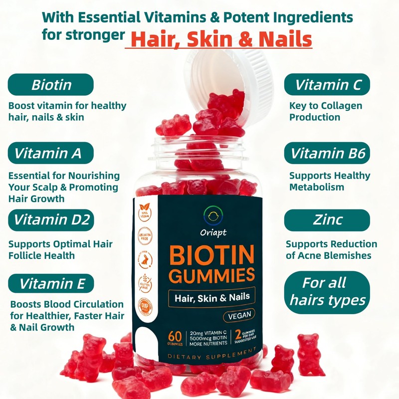 Hair Skin Nails Biotin Gummies 60ct Raspberry Chew Multivitamin