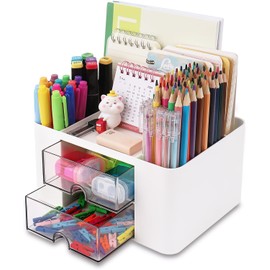 KAHEIGN Desk Organiser with 2 Drawers, 19CM x 14CM Multi-Functional Desk Tidy Organiser Large Capacity Pen Holder Makeup Organizer for Kids Teacher Gift Office School Home Table Decor (White)