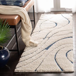 Safavieh Florida Shag Collection SG471 Abstract Wave 1.2-inch Thick Runner, 2'3" x 13' , Cream / Blue